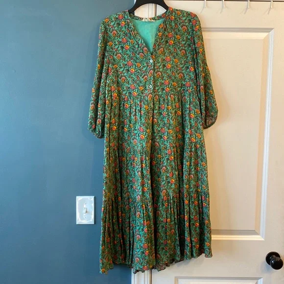 Celina Moon Dresses | Celina Moon Tiered Boho Button Front Dress | Color: Green/Pink | Size: S | Klothedkurator's Closet